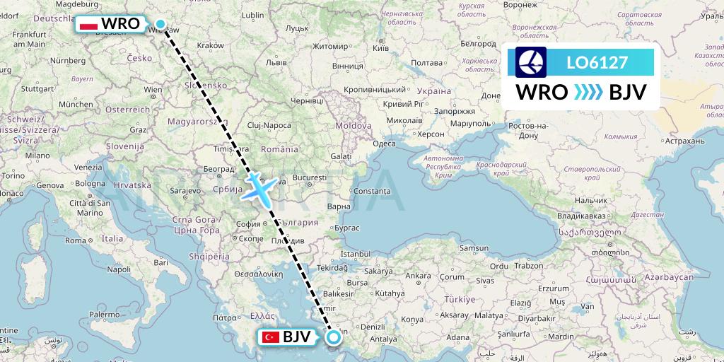 LO6127 LOT Flight Map: Wroclaw to Bodrum