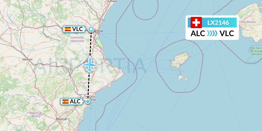 LX2146 Swiss Flight Map: Alicante to Valencia