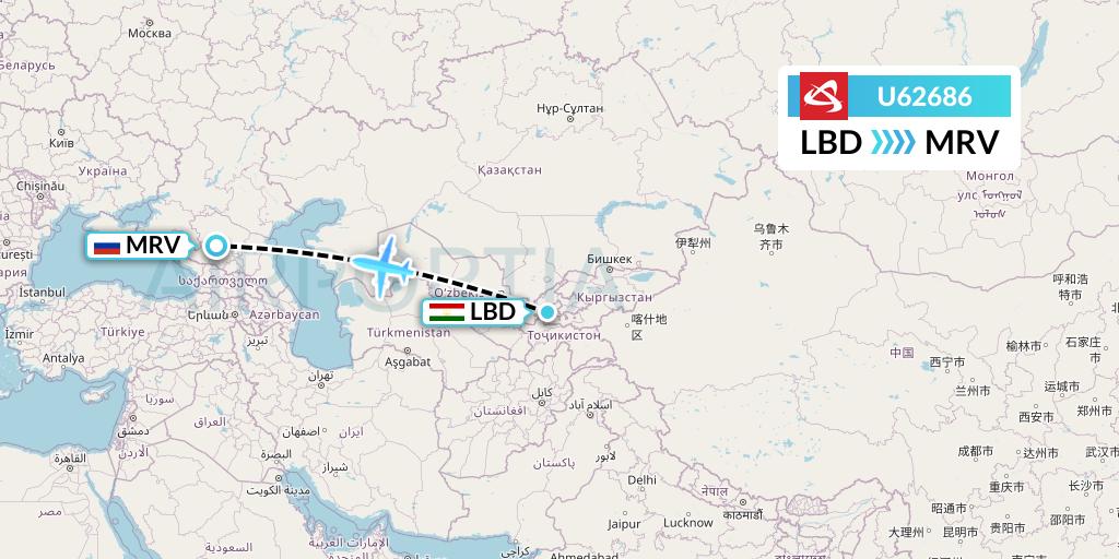U62686 Ural Airlines Flight Map: Khudzhand to Mineralnye Vody