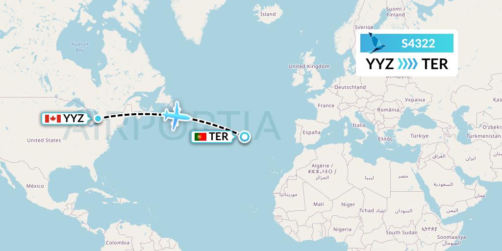 S4322 Azores Airlines Flight Map: Toronto to Lajes