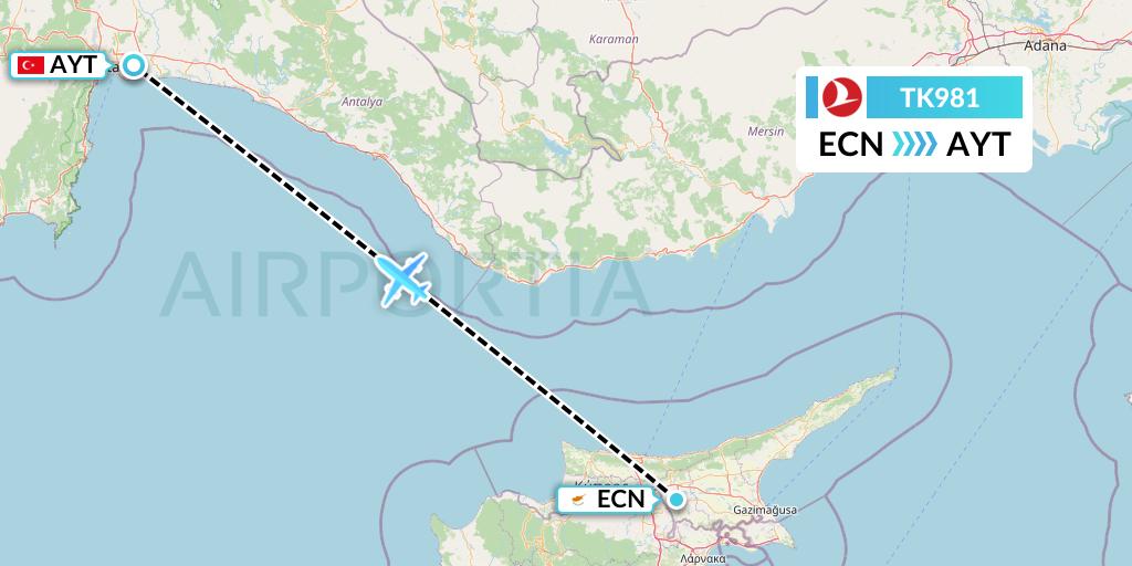 TK981 Turkish Airlines Flight Map: Tymvou to Antalya