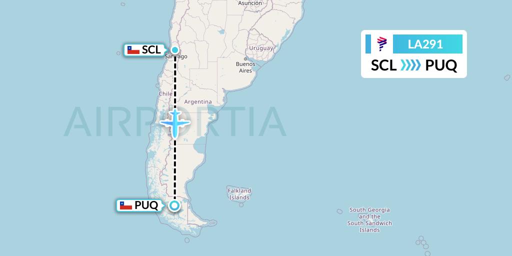 LA291 LAN Airlines Flight Map: Santiago to Punta Arenas