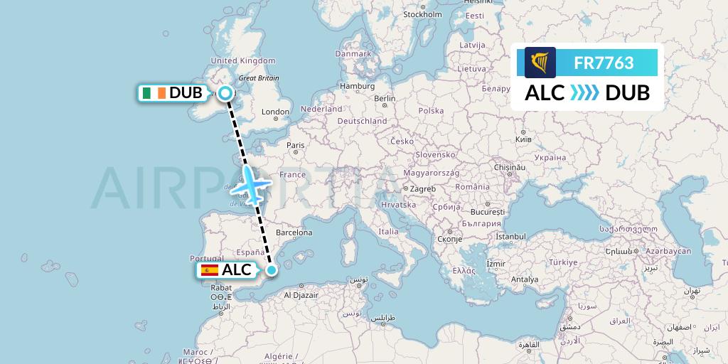 FR7763 Ryanair Flight Map: Alicante to Dublin