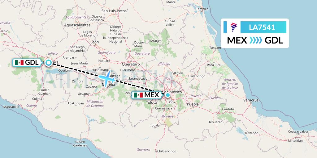 LA7541 LAN Airlines Flight Map: Mexico City to Guadalajara