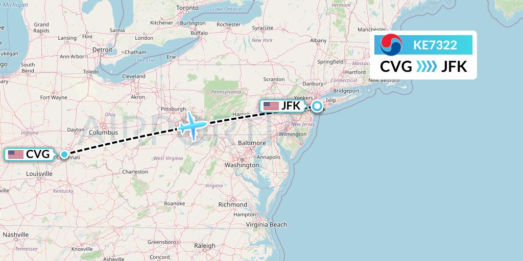 KE7322 Korean Air Flight Map: Cincinnati to New York