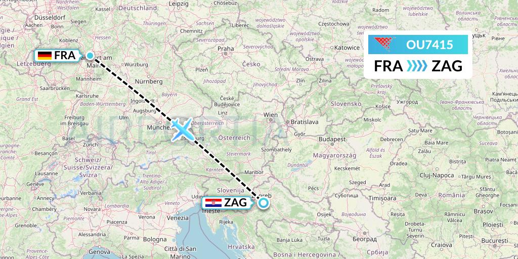 OU7415 Croatia Airlines Flight Map: Frankfurt to Zagreb
