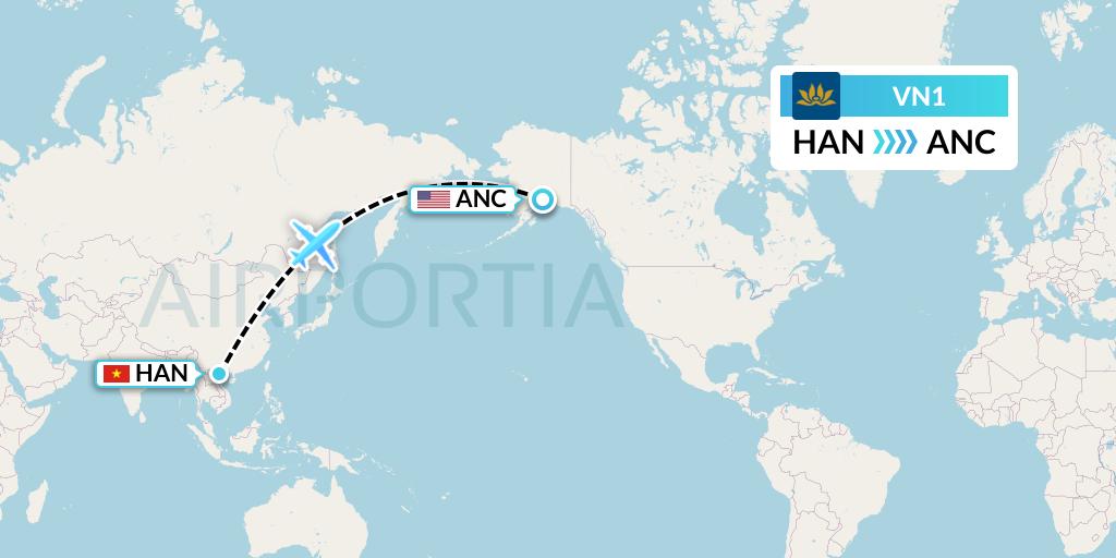 VN1 Vietnam Airlines Flight Map: Hanoi to Anchorage