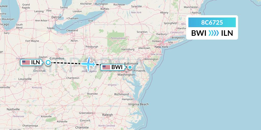 8C6725 Air Transport International Flight Map: Baltimore to Wilmington