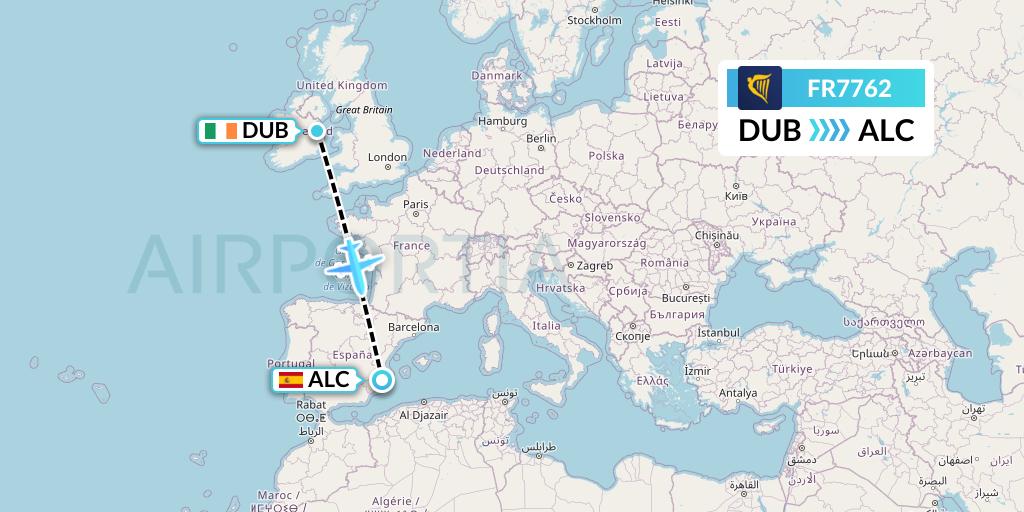FR7762 Ryanair Flight Map: Dublin to Alicante