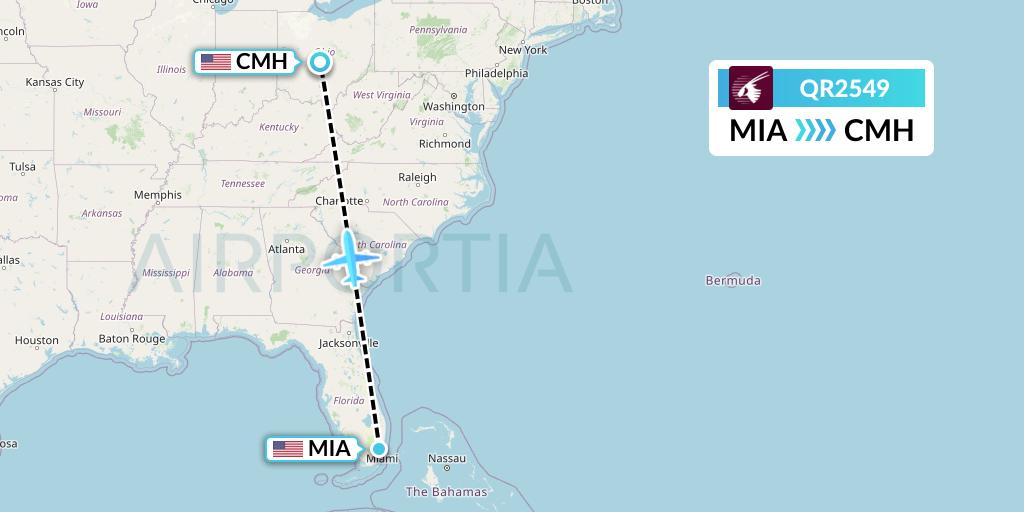 QR2549 Qatar Airways Flight Map: Miami to Columbus