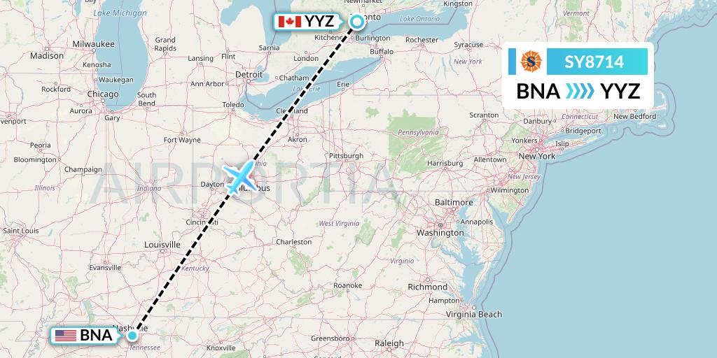 SY8714 Sun Country Airlines Flight Map: Nashville to Toronto