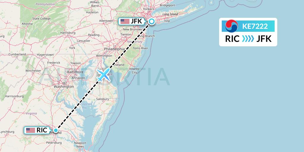 KE7222 Korean Air Flight Map: Richmond to New York