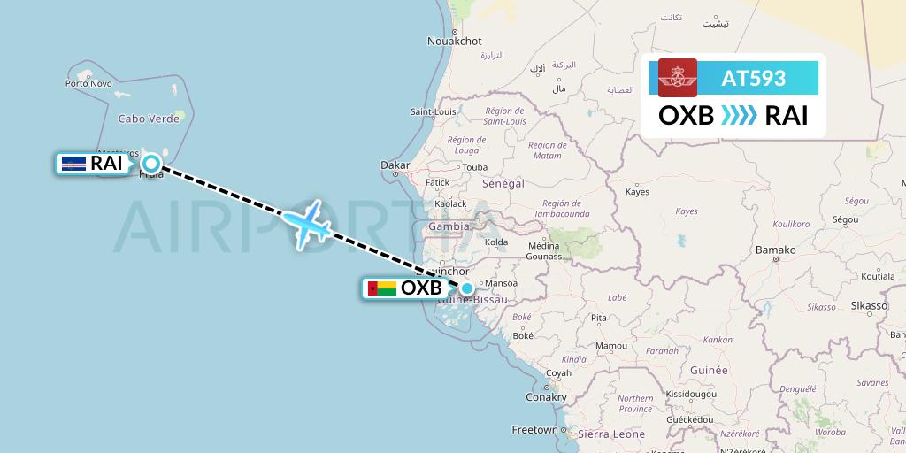 AT593 Royal Air Maroc Flight Map: Bissau to Praia