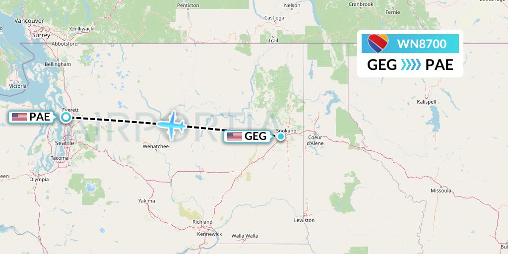 WN8700 Southwest Airlines Flight Map: Spokane to Everett