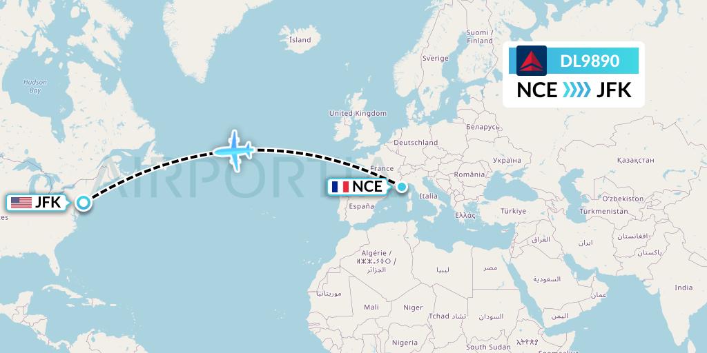 DL9890 Delta Air Lines Flight Map: Nice to New York