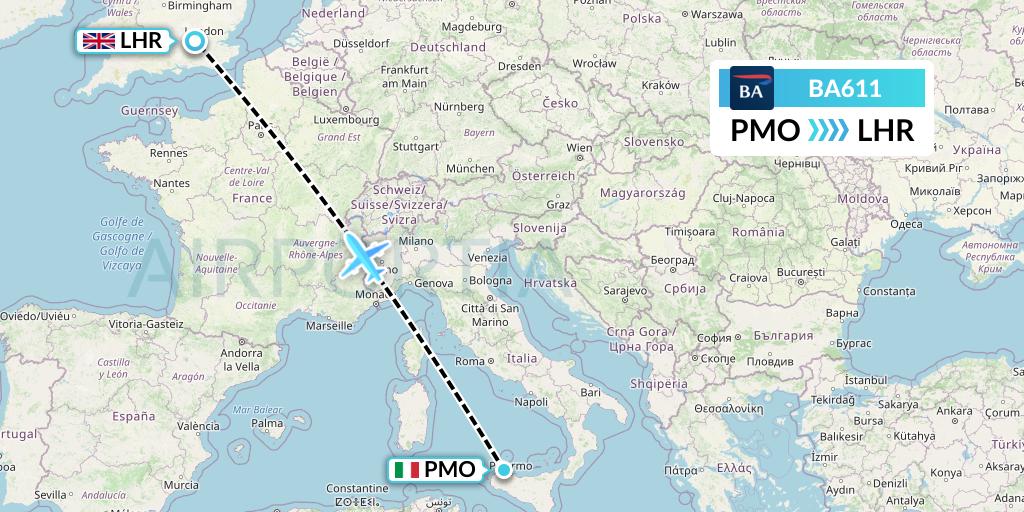 BA611 British Airways Flight Map: Palermo to London