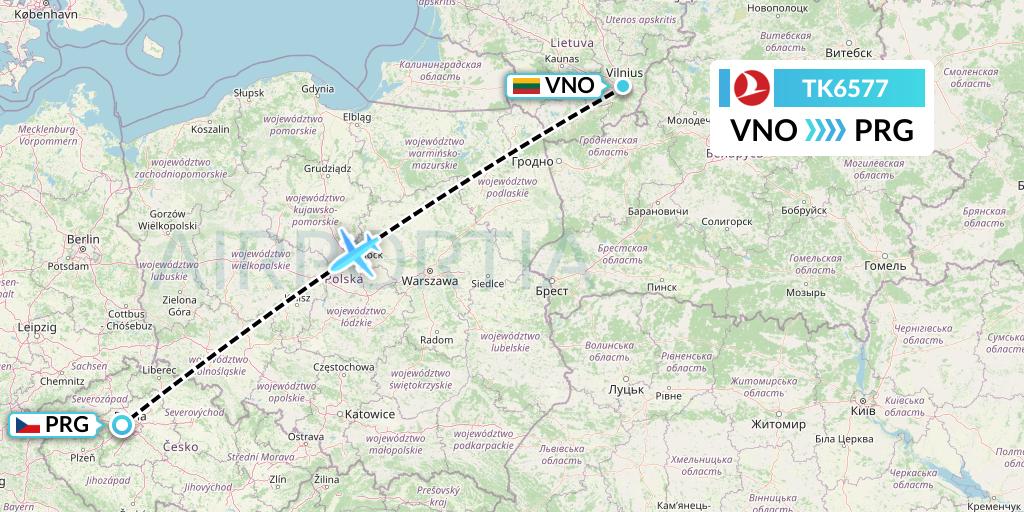 TK6577 Turkish Airlines Flight Map: Vilnius to Prague