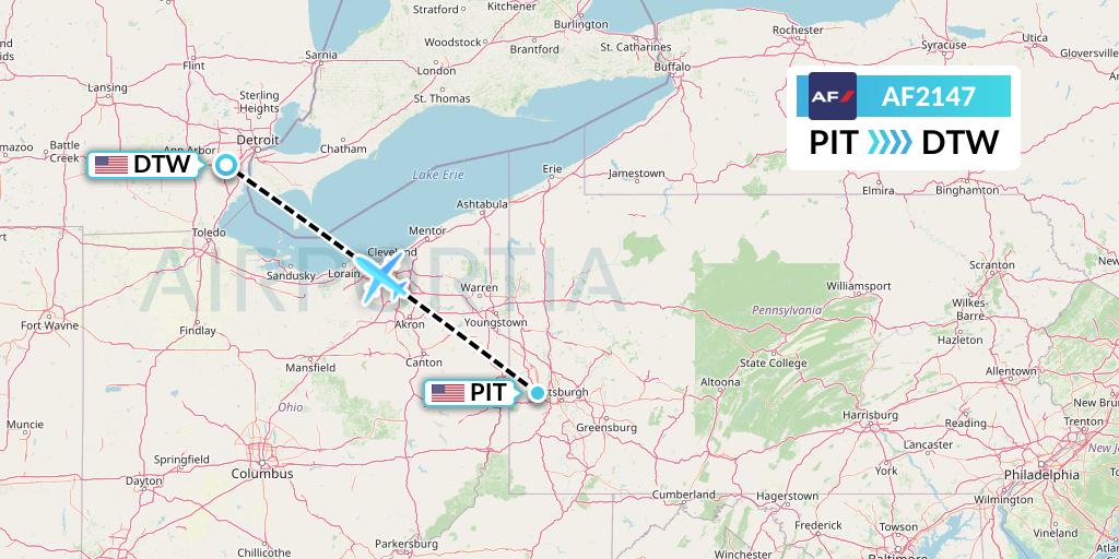 AF2147 Air France Flight Map: Pittsburgh to Detroit