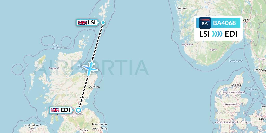 BA4068 British Airways Flight Map: Sumburgh to Edinburgh
