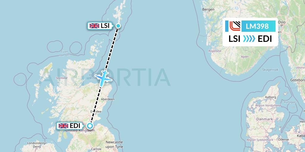 LM398 Loganair Flight Map: Sumburgh to Edinburgh