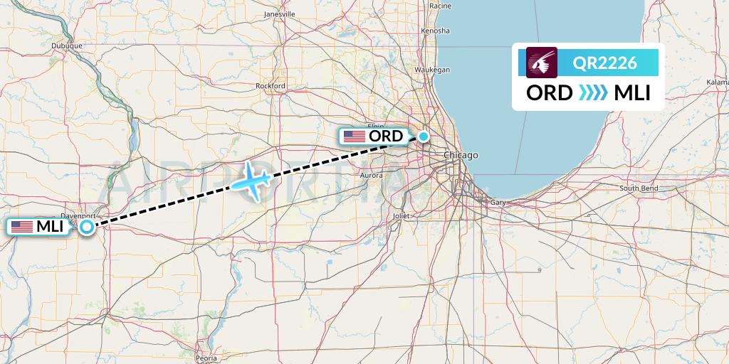 QR2226 Qatar Airways Flight Map: Chicago to Moline