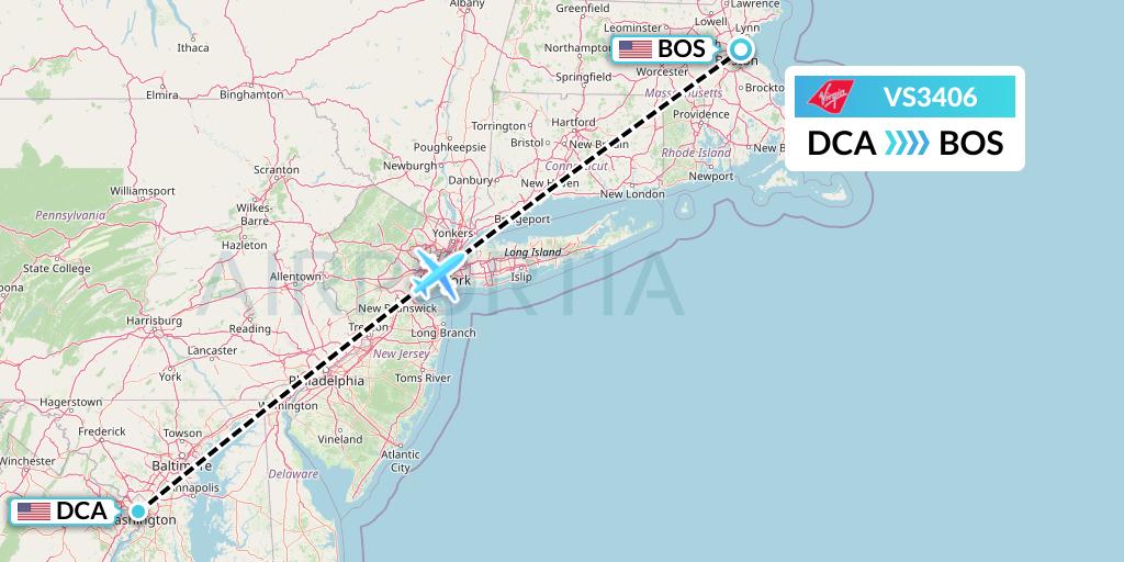 VS3406 Virgin Atlantic Airways Flight Map: Washington to Boston