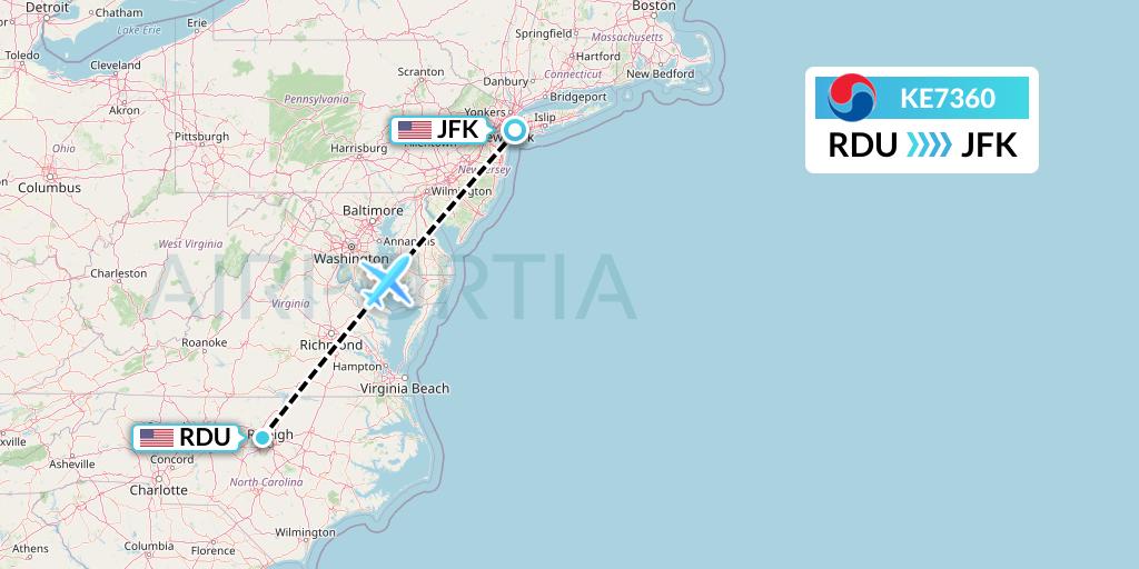 KE7360 Korean Air Flight Map: Raleigh-Durham to New York