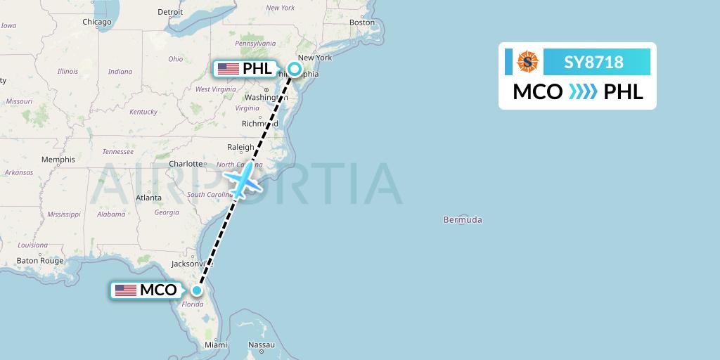 SY8718 Sun Country Airlines Flight Map: Orlando to Philadelphia