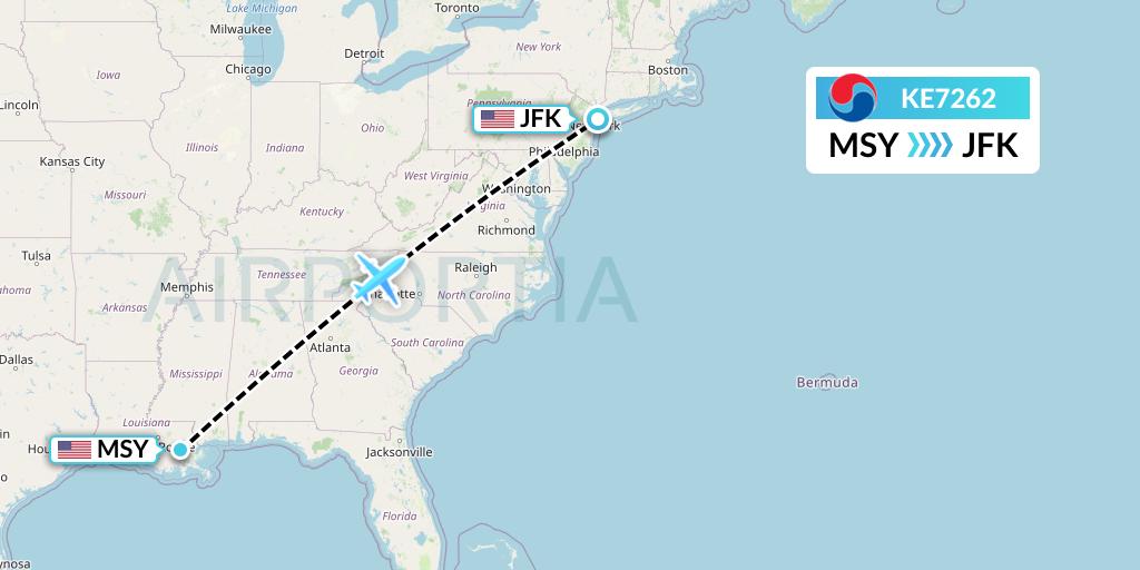 KE7262 Korean Air Flight Map: New Orleans to New York