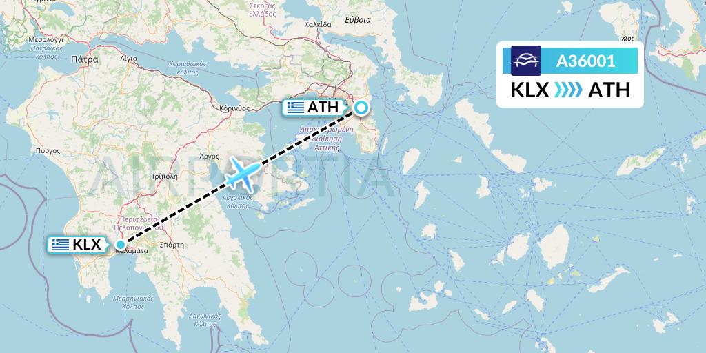 A36001 Aegean Airlines Flight Map: Kalamata to Athens