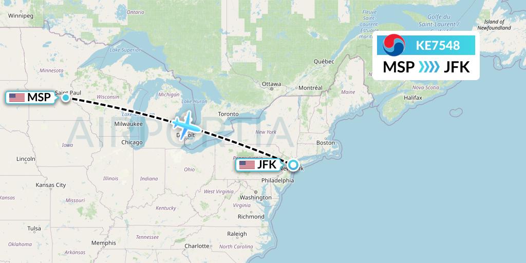 KE7548 Korean Air Flight Map: Minneapolis to New York