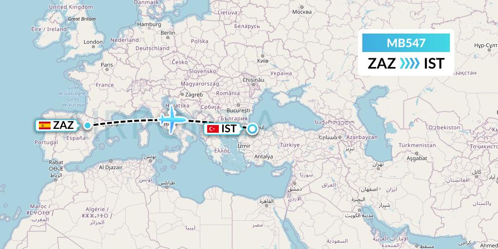 MB547 MNG Airlines Flight Map: Zaragoza to Istanbul