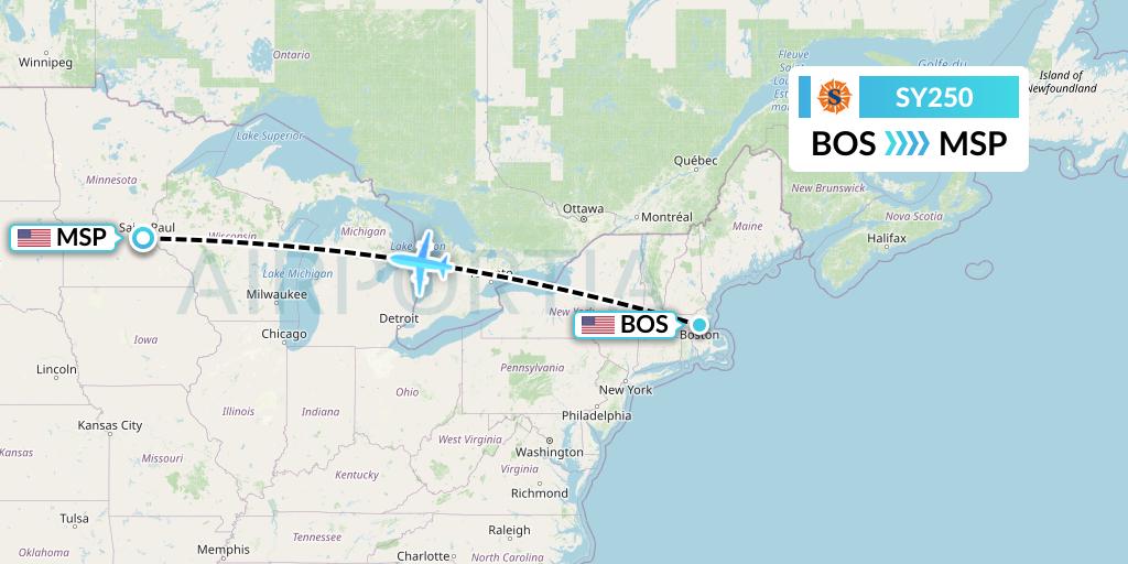 SY250 Sun Country Airlines Flight Map: Boston to Minneapolis