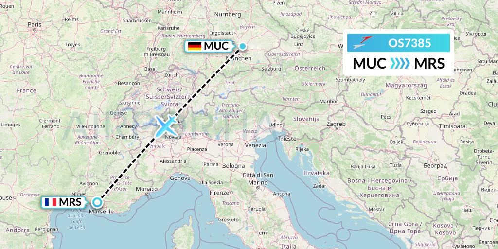 OS7385 Austrian Airlines Flight Map: Munich to Marseille