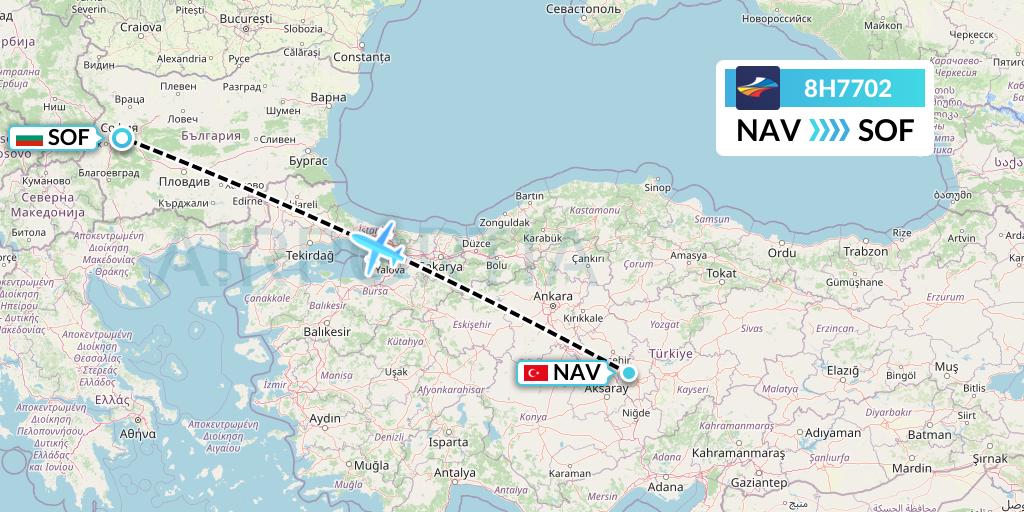 8H7702 BH Air Flight Map: Nevsehir to Sofia