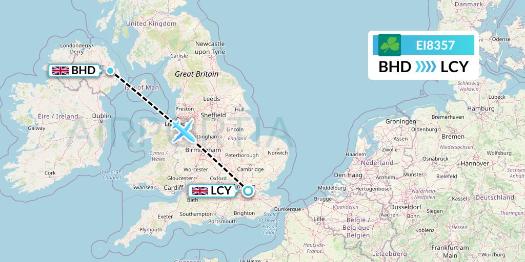 EI8357 Aer Lingus Flight Map: Belfast to London