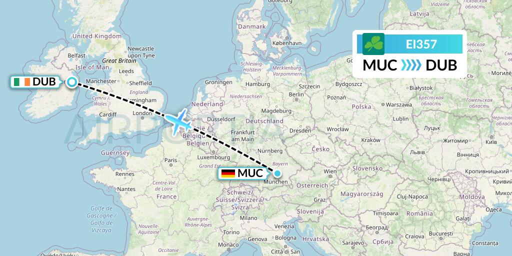 EI357 Aer Lingus Flight Map: Munich to Dublin