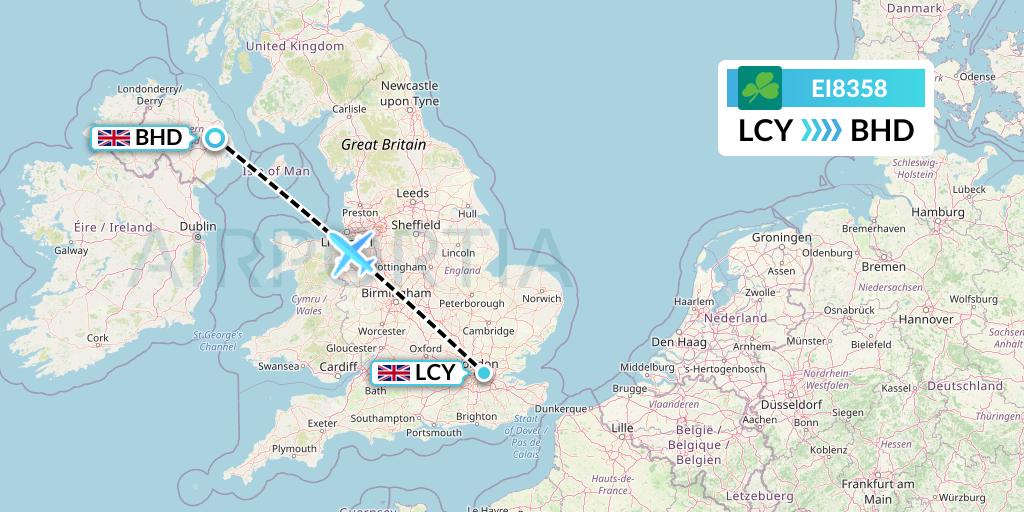 EI8358 Aer Lingus Flight Map: London to Belfast