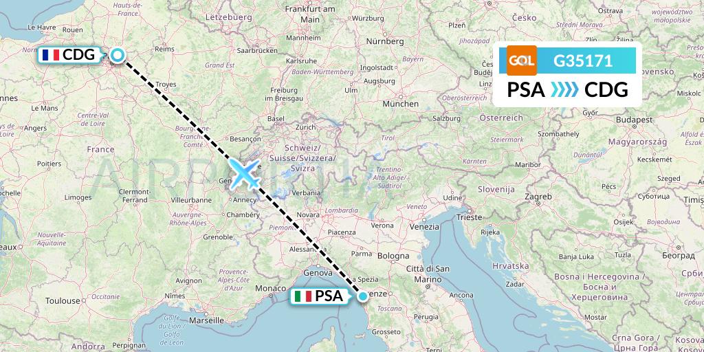 G35171 GOL Transportes Aeros Flight Map: Pisa to Paris