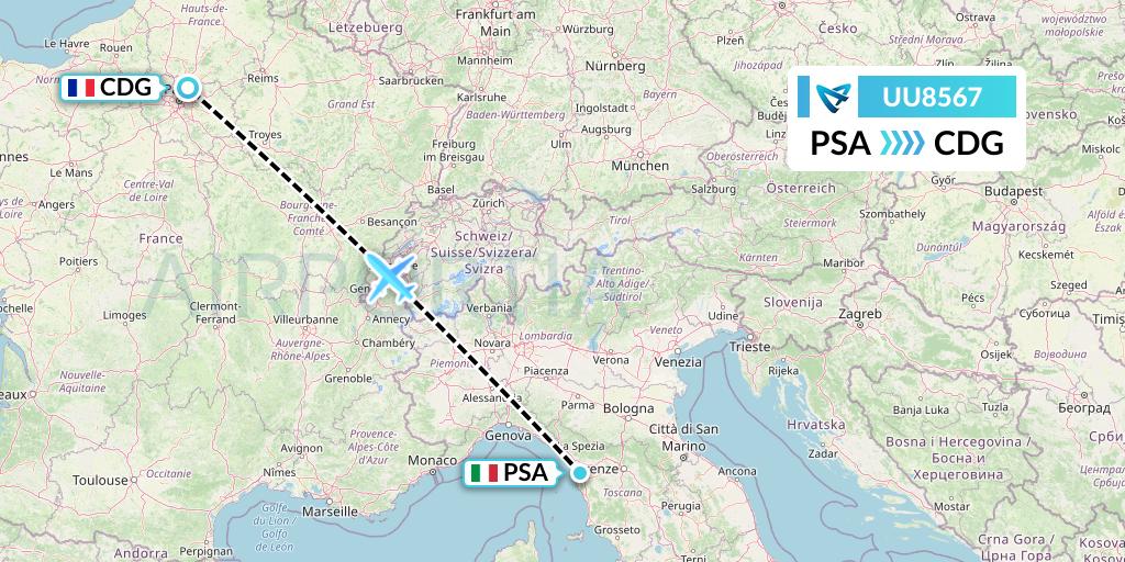 UU8567 Air Austral Flight Map: Pisa to Paris