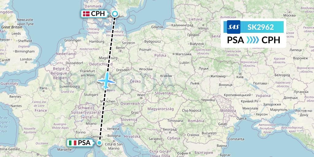 SK2962 SAS Flight Map: Pisa to Copenhagen