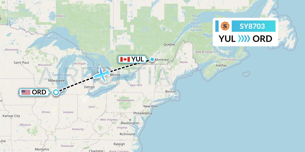 SY8703 Sun Country Airlines Flight Map: Montreal to Chicago