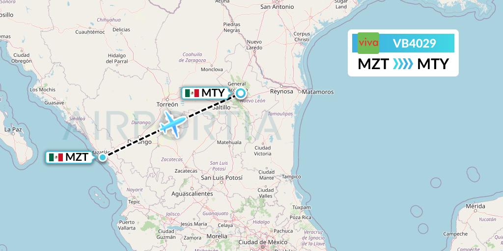 VB4029 VivaAerobus Flight Map: Mazatlan to Monterrey