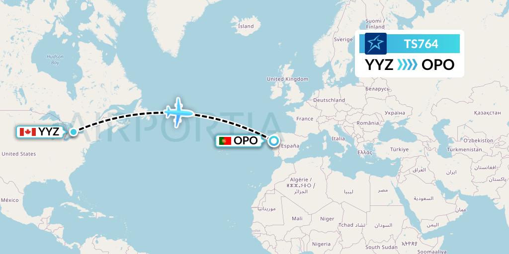 TS764 Air Transat Flight Map: Toronto to Porto
