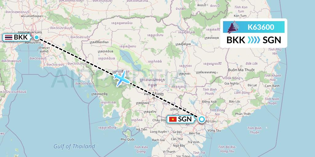 K63600 Cambodia Angkor Air Flight Map: Bangkok to Ho Chi Minh City