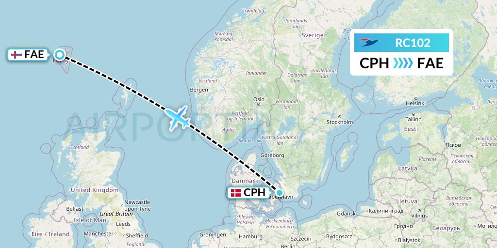 RC102 Atlantic Airways Flight Map: Copenhagen to Vagar