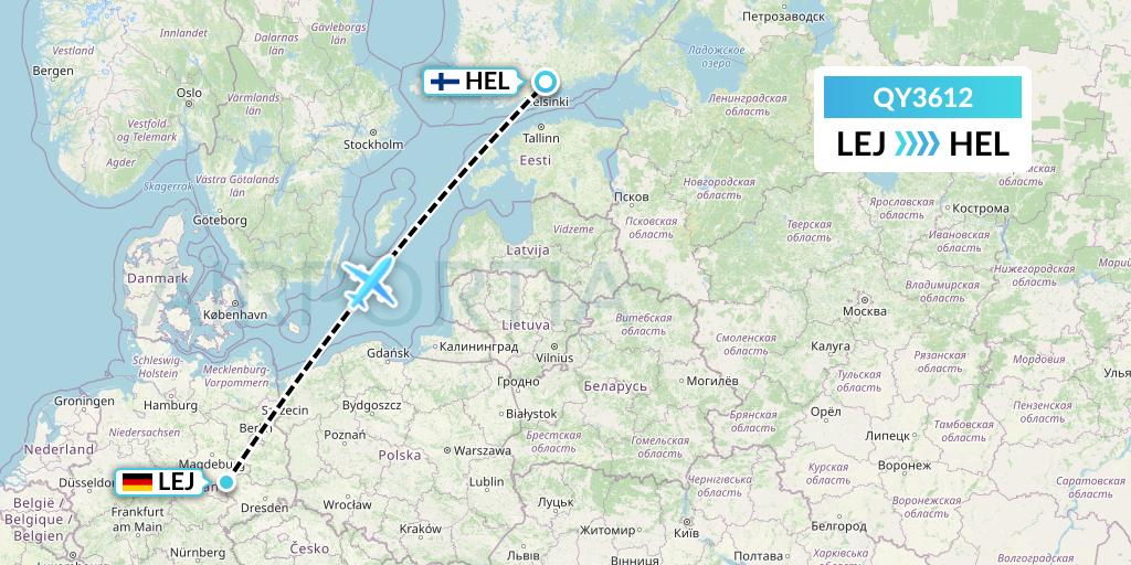 QY3612 European Air Transport Flight Map: Leipzig to Helsinki