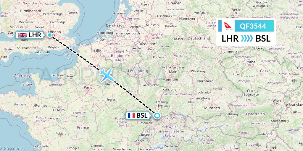 QF3544 Qantas Flight Map: London to Basel