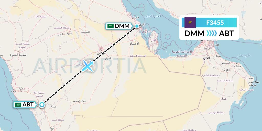 F3455 flydeal Flight Map: Dammam to Al-Baha
