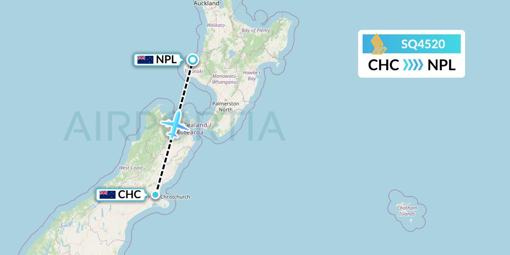 SQ4520 Singapore Airlines Flight Map: Christchurch to New Plymouth